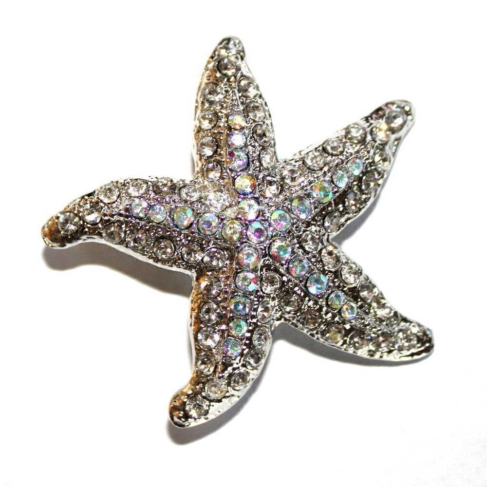 2" x 2" Womens Silver Starfish Crystal Brooch Pin Clear Aurora Borealis Ab
